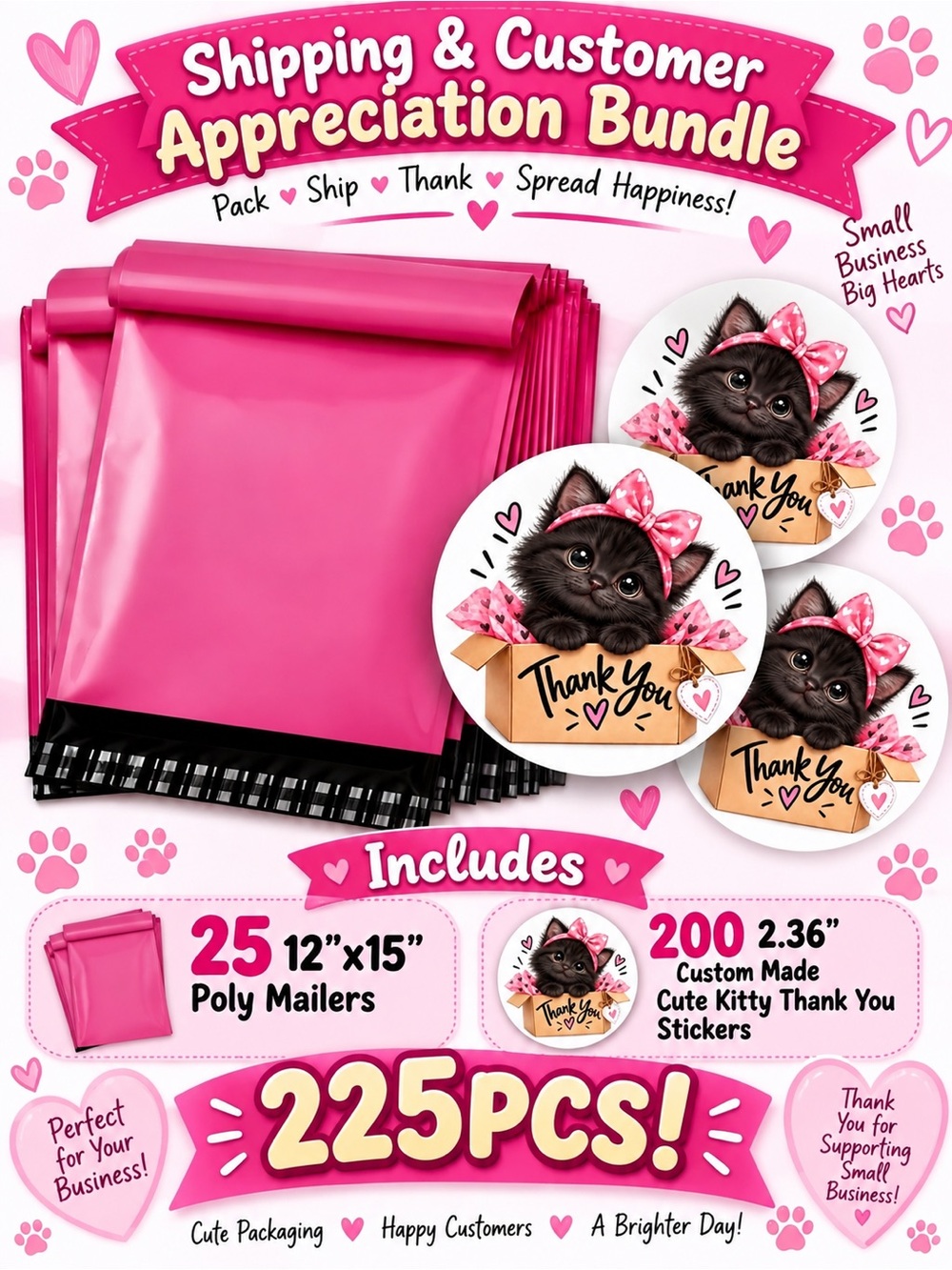 225PC Bundle ~25 L Poly Mailers 12x15” & 200 L Stickers 2.36”